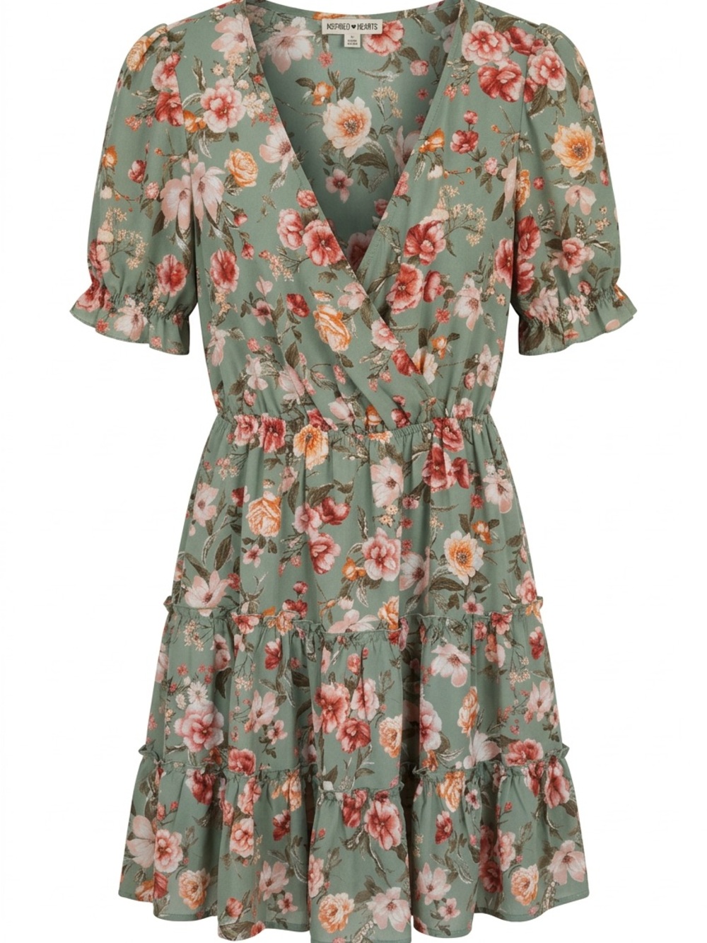 Floral Wrap V-Neck Tiered Dress in Sage Green